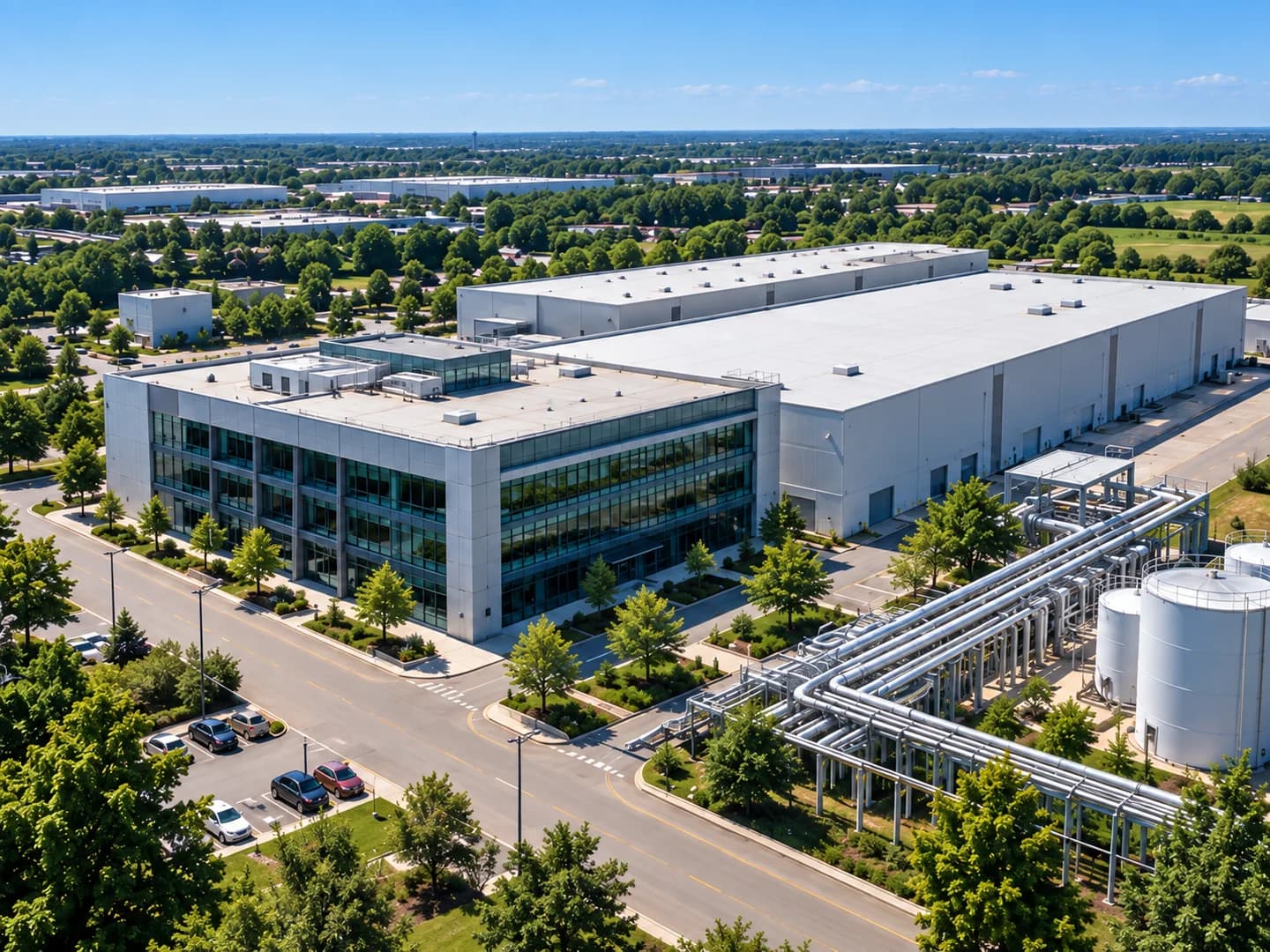 Illustration of a commercial campus with buildings, plant equipment and utility pipes